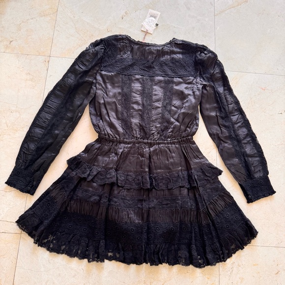 LoveShackFancy Kal Black Satin and Lace Ruffle Mini Dress size S - Picture 5 of 11